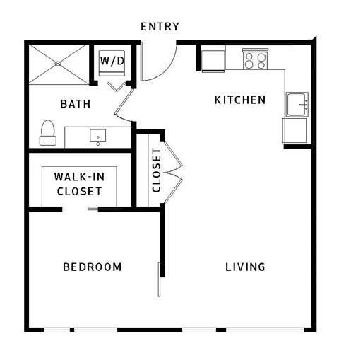 Floor plan for 1 bed, 1 bath, 629 sqft
